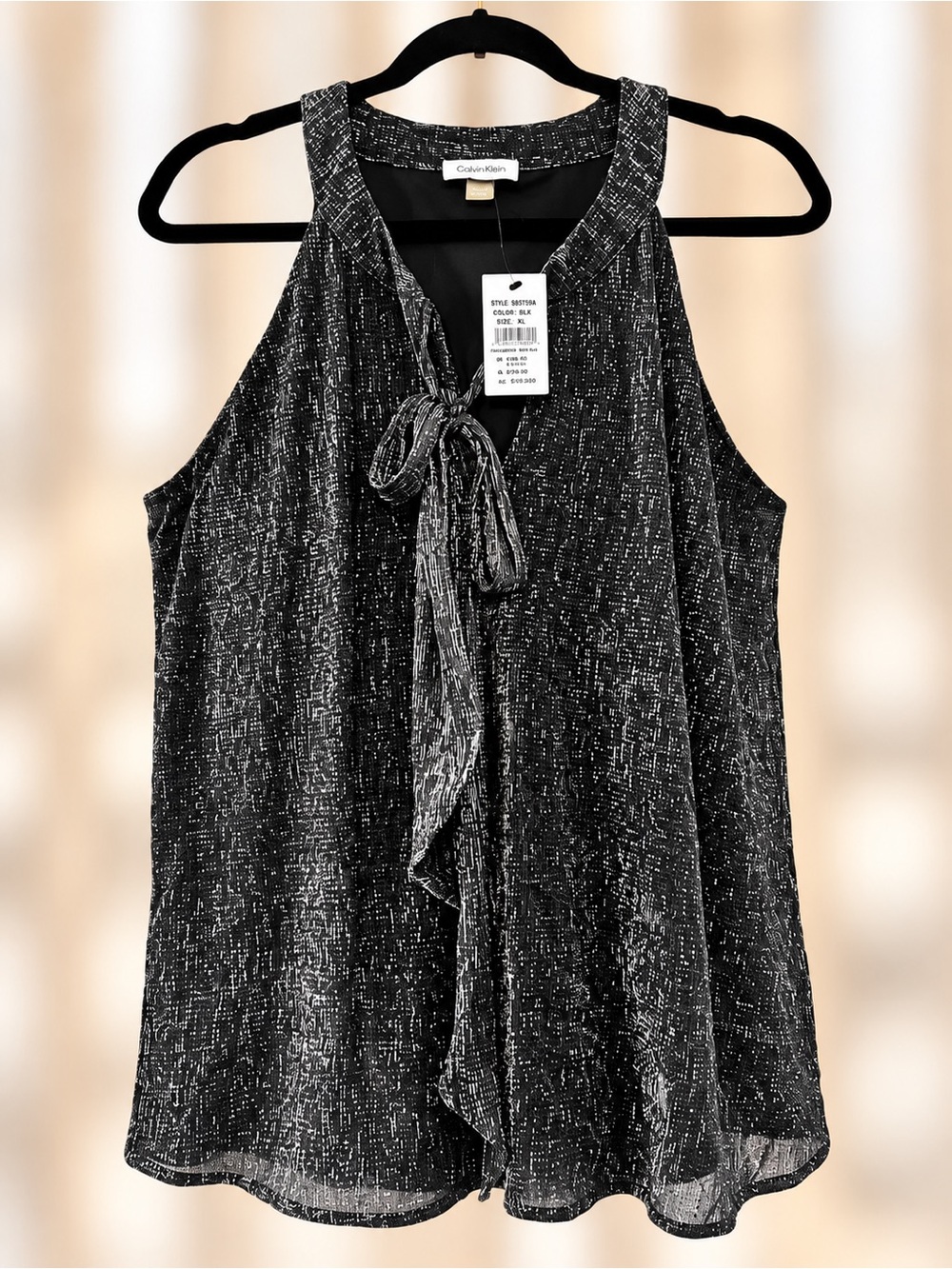 Calvin Klein Black Metallic Tie-Neck Sleeveless Blouse – XL – NWT